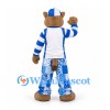 Cougar Mascot Costume in Tan with Blue and White Sports Shirt and Patchwork Trousers