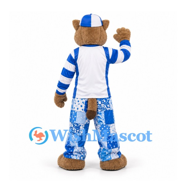 Cougar Mascot Costume in Tan with Blue and White Sports Shirt and Patchwork Trousers