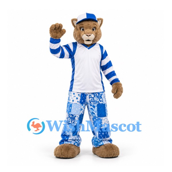 Cougar Mascot Costume in Tan with Blue and White Sports Shirt and Patchwork Trousers