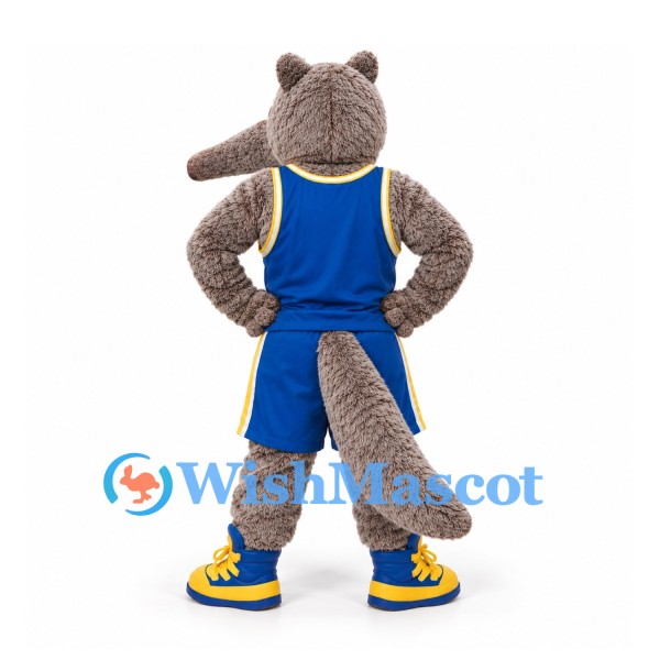 Anteater Mascot Costume in Gray with Blue Basketball Uniform and Yellow Shoes
