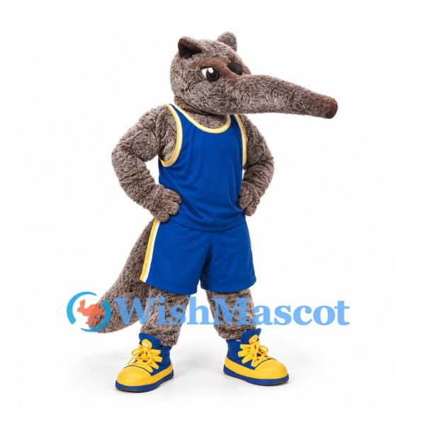 Anteater Mascot Costume in Gray with Blue Basketball Uniform and Yellow Shoes