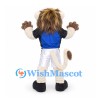 Lion Mascot Costume in Cream with Dark Mane Blue Shirt and White Shorts