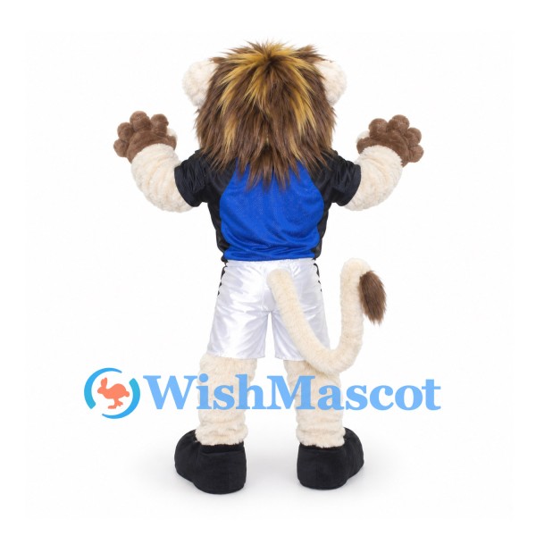 Lion Mascot Costume in Cream with Dark Mane Blue Shirt and White Shorts