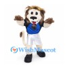 Lion Mascot Costume in Cream with Dark Mane Blue Shirt and White Shorts
