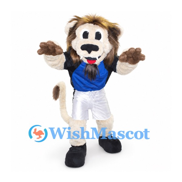 Lion Mascot Costume in Cream with Dark Mane Blue Shirt and White Shorts