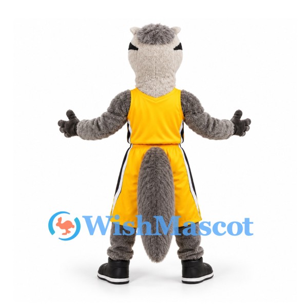Badger Mascot Costume in Gray with Yellow Basketball Uniform