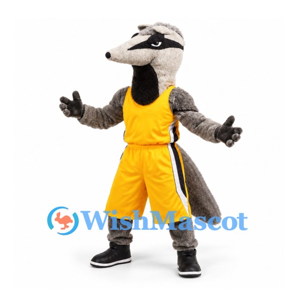 Badger Mascot Costume in Gray with Yellow Basketball Uniform