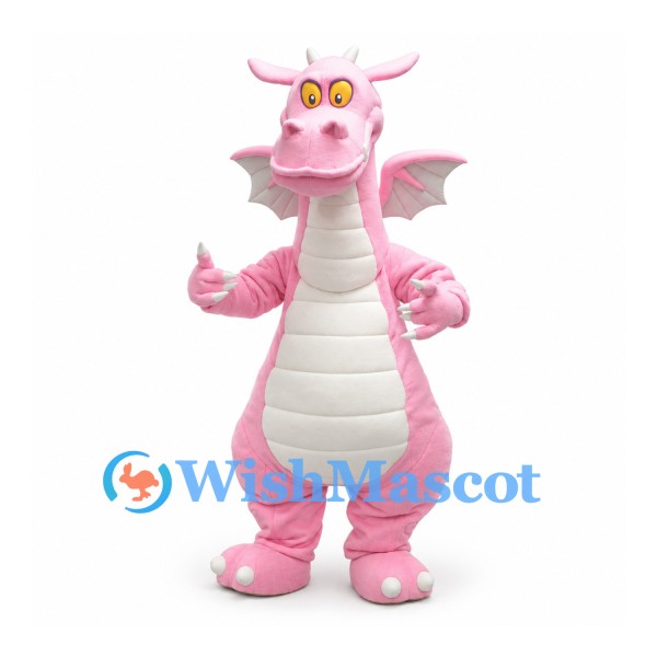 Dragon Mascot Costume in Pink with White Belly Horns and Small Wings