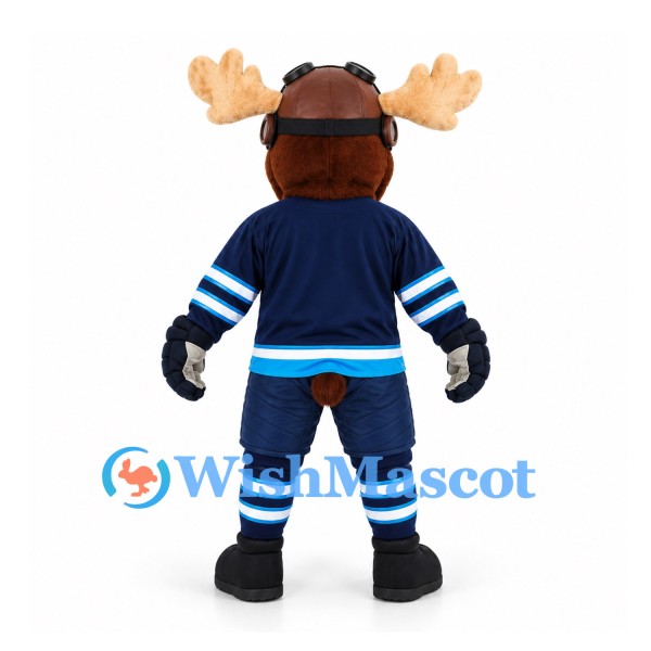 Moose Mascot Costume in Brown with Navy Hockey Uniform and Goggles