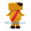 Yellow Square Head Character Mascot Costume with Brown Cap and Red Sash