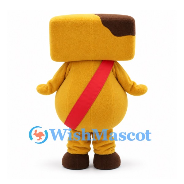 Yellow Square Head Character Mascot Costume with Brown Cap and Red Sash