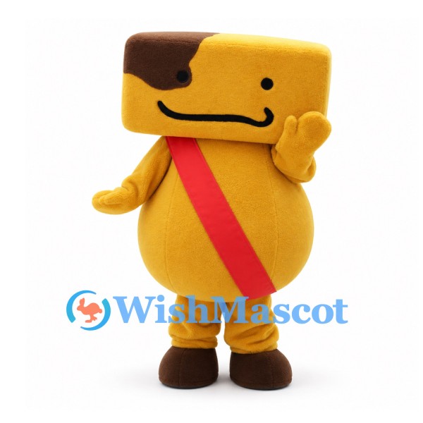 Yellow Square Head Character Mascot Costume with Brown Cap and Red Sash
