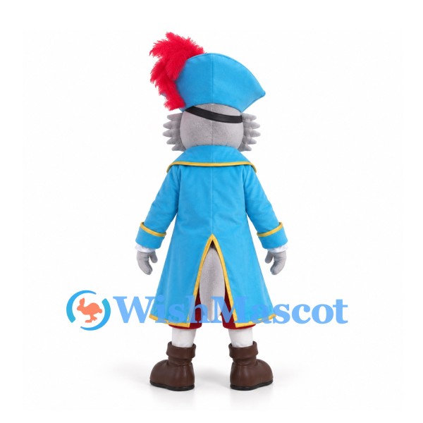 Cat Mascot Costume in Gray with Blue Pirate Coat and Red Feathered Hat