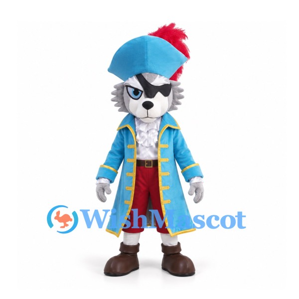 Cat Mascot Costume in Gray with Blue Pirate Coat and Red Feathered Hat