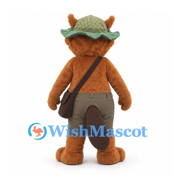 Beaver Mascot Costume in Brown with Explorer Hat Striped Tie and Shoulder Bag