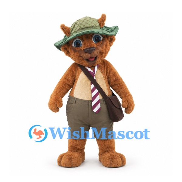 Beaver Mascot Costume in Brown with Explorer Hat Striped Tie and Shoulder Bag
