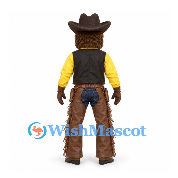 Cowboy Mascot Costume with Brown Hat Yellow Shirt and Fringed Chaps