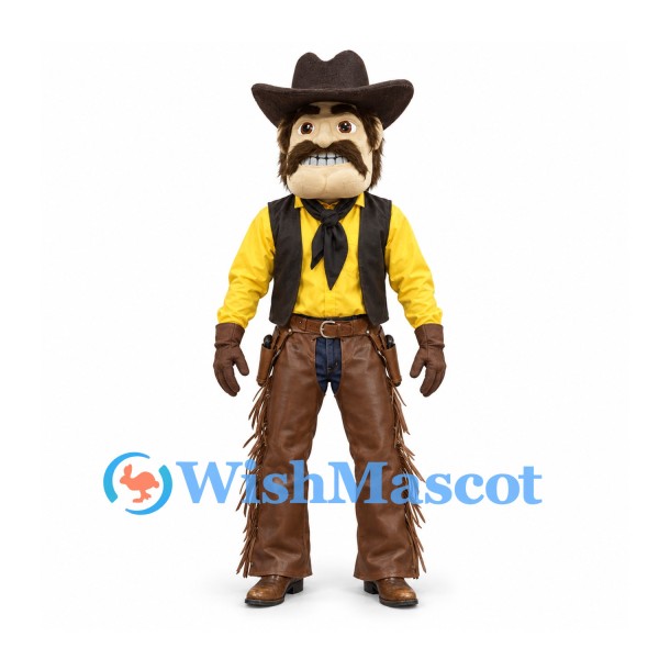 Cowboy Mascot Costume with Brown Hat Yellow Shirt and Fringed Chaps
