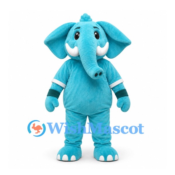 Elephant Mascot Costume in Teal with White Tusks and Striped Cuffs