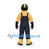 Construction Worker Mascot Costume in Yellow Plaid Shirt with Black Overalls and Helmet