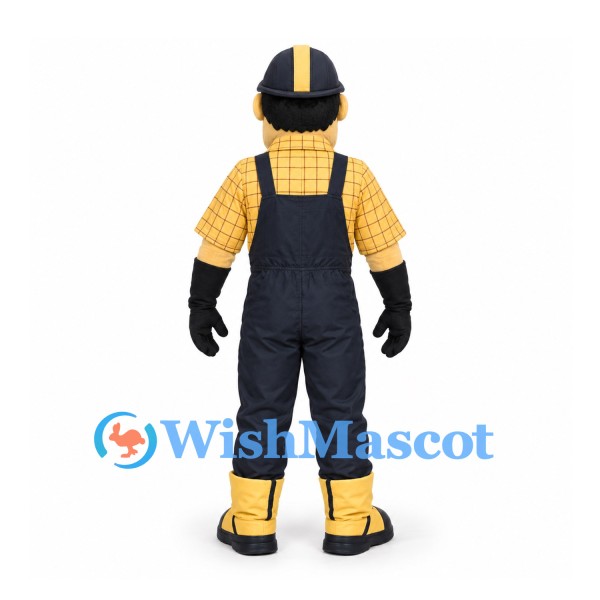 Construction Worker Mascot Costume in Yellow Plaid Shirt with Black Overalls and Helmet