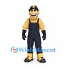 Construction Worker Mascot Costume in Yellow Plaid Shirt with Black Overalls and Helmet