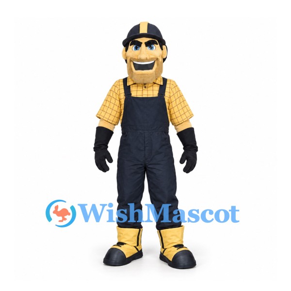 Construction Worker Mascot Costume in Yellow Plaid Shirt with Black Overalls and Helmet