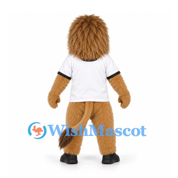 Lion Mascot Costume in Tan with Long Brown Mane and White Shirt