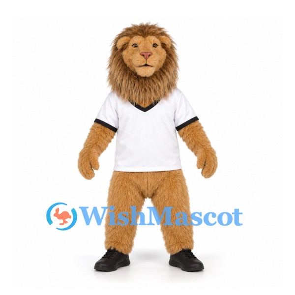 Lion Mascot Costume in Tan with Long Brown Mane and White Shirt