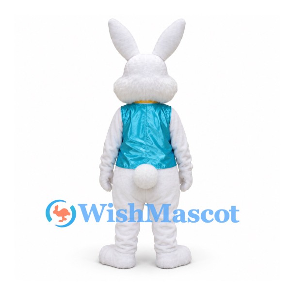 Rabbit Mascot Costume in White with Teal Vest and Yellow Bow Tie