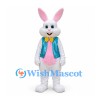 Rabbit Mascot Costume in White with Teal Vest and Yellow Bow Tie