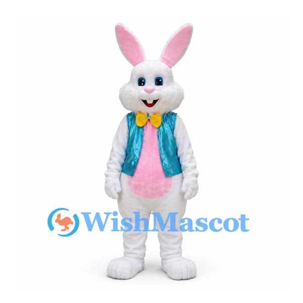 Rabbit Mascot Costume in White with Teal Vest and Yellow Bow Tie