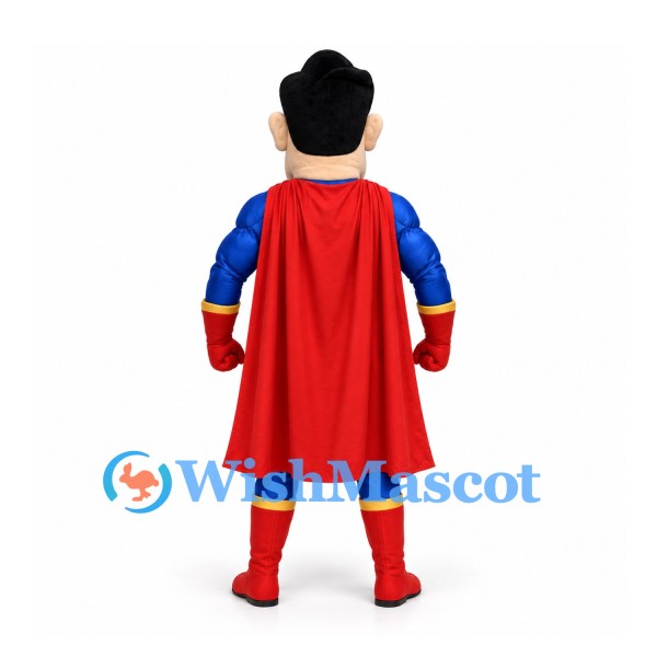 Superhero Mascot Costume in Blue with Red Cape and Eye Mask