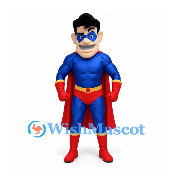 Superhero Mascot Costume in Blue with Red Cape and Eye Mask
