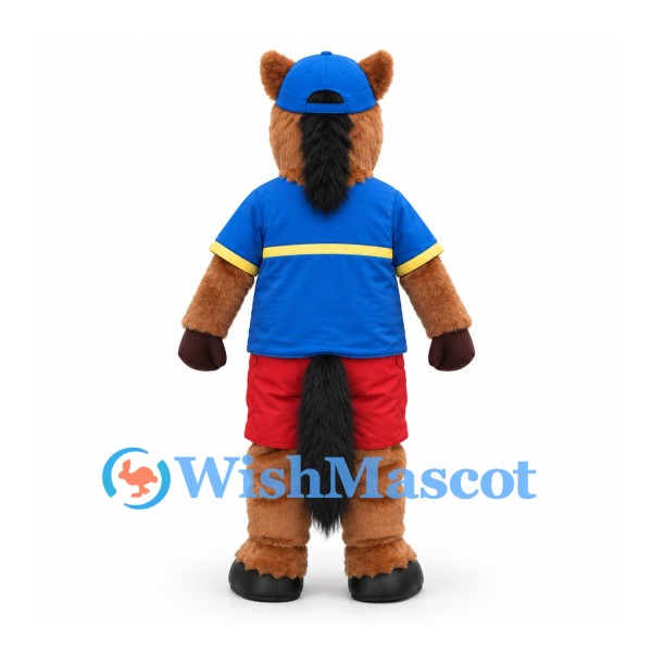 Horse Mascot Costume in Brown with Blue Shirt Red Shorts and Cap