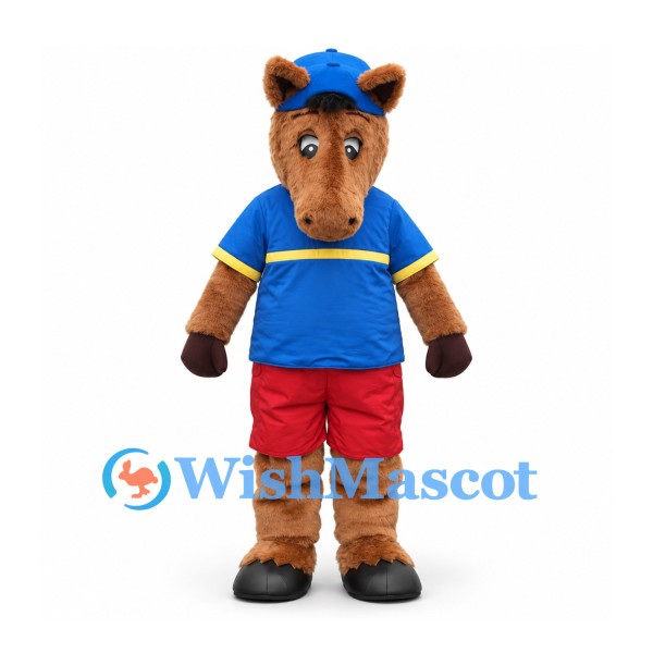 Horse Mascot Costume in Brown with Blue Shirt Red Shorts and Cap