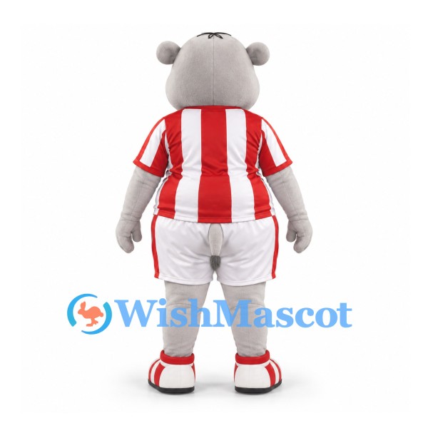 Hippo Mascot Costume in Gray with Red and White Striped Sports Uniform