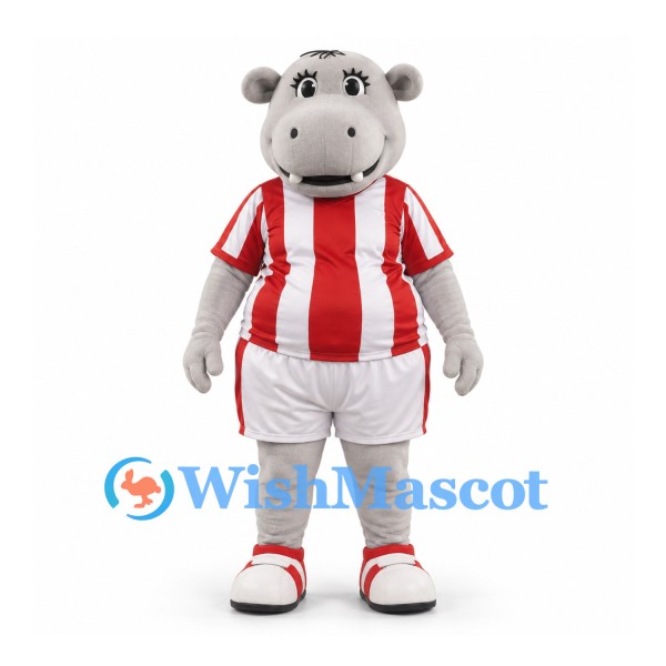 Hippo Mascot Costume in Gray with Red and White Striped Sports Uniform