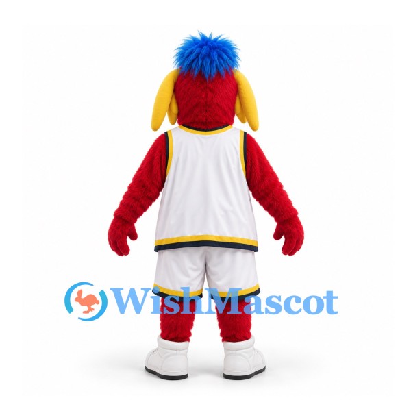 Monster Mascot Costume in Red with Blue Hair and White Basketball Uniform