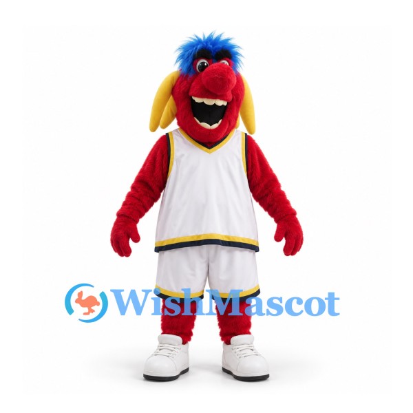 Monster Mascot Costume in Red with Blue Hair and White Basketball Uniform