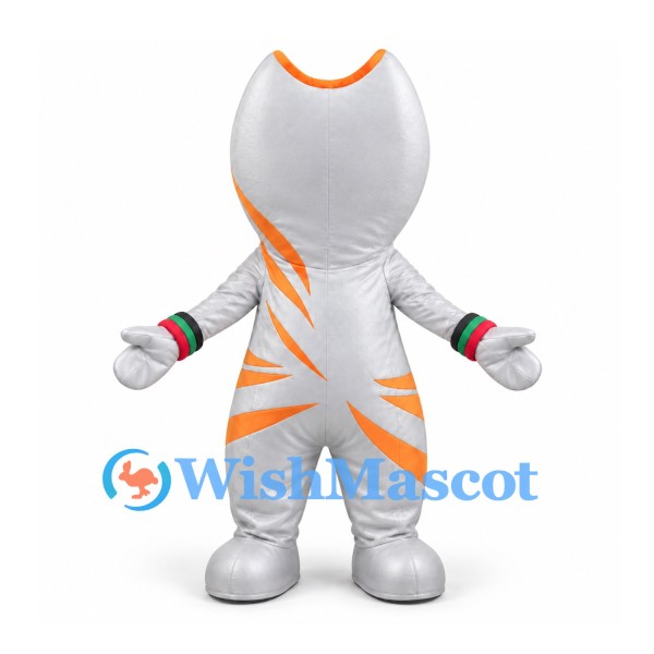 Cyclops Mascot Costume in Silver with Orange Stripes and Colored Wristbands