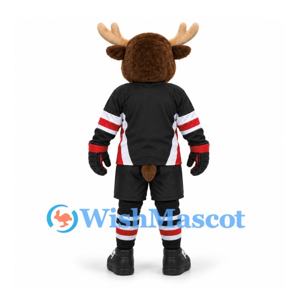 Moose Mascot Costume in Brown with Black Hockey Uniform and Red Trim