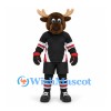 Moose Mascot Costume in Brown with Black Hockey Uniform and Red Trim