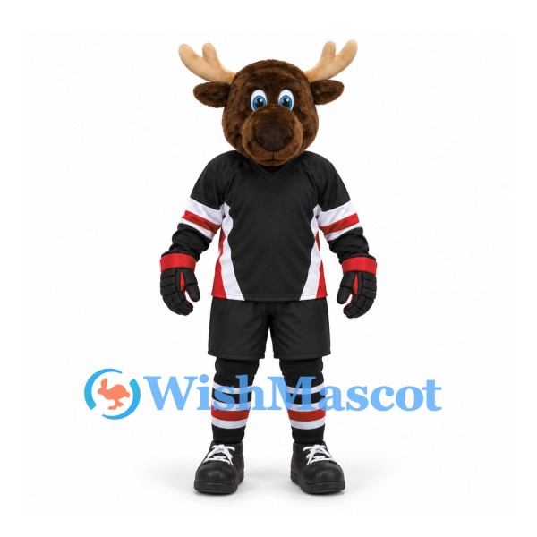 Moose Mascot Costume in Brown with Black Hockey Uniform and Red Trim