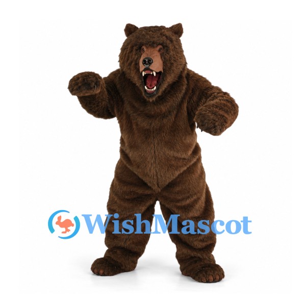 Bear Mascot Costume in Dark Brown with Open Mouth and Large Paws