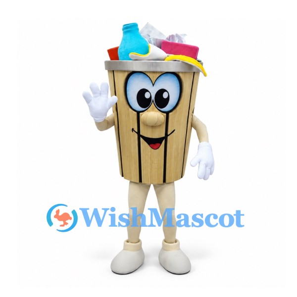 Trash Bin Mascot Costume with Tan Slatted Body and Recyclable Container Details
