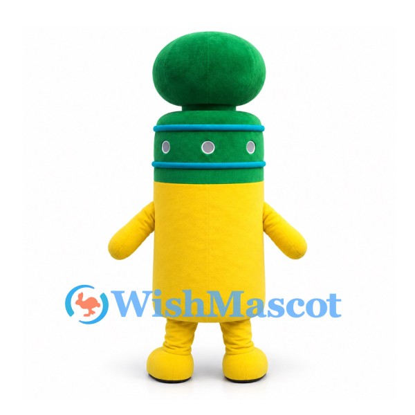 Yellow Tube Character Mascot Costume with Green Round Top and Silver Stud Details
