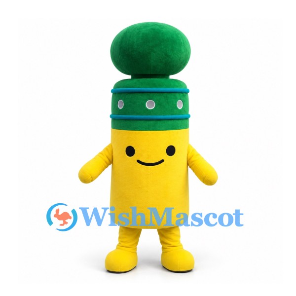 Yellow Tube Character Mascot Costume with Green Round Top and Silver Stud Details