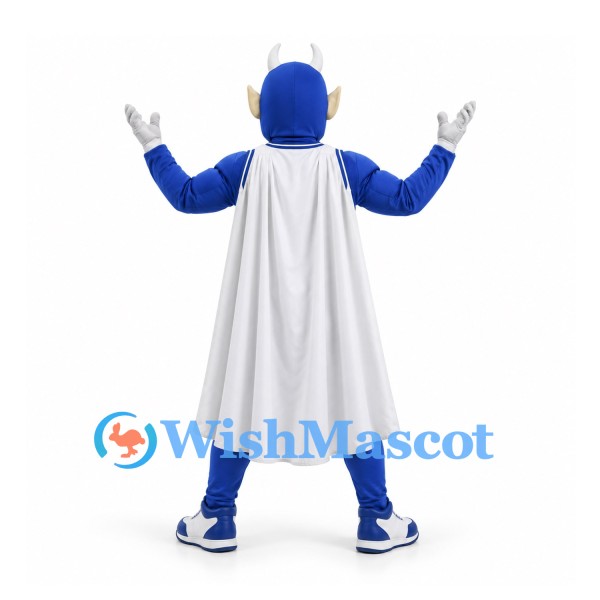 Warrior Mascot Costume in Blue with White Sports Uniform and Cape