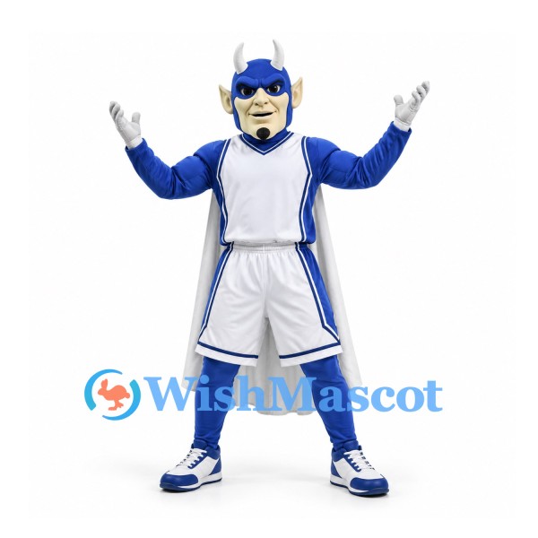 Warrior Mascot Costume in Blue with White Sports Uniform and Cape